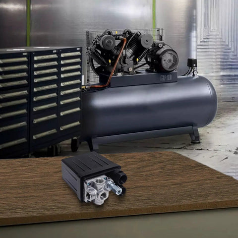 Air Compressor Pressure Switch 90 To 120 Psi 240V Replacement With Four Port Manifold on wooden surface near air compressor.