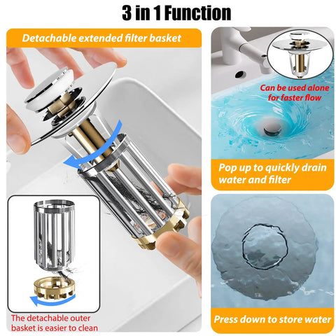 Killer Two Pack Bathroom Sink Drain Strainer Featuring Detachable Brass Hair Catcher Basket Dual Layer Pop Up Stopper Universal Fit For 1.06 To 1.6 Inch Drains Rock Solid Chrome Finish