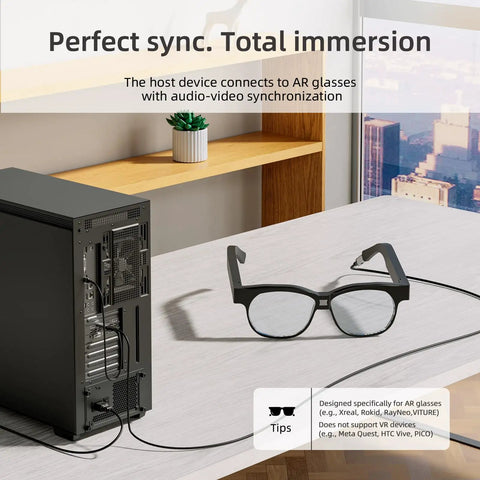 Computer connected to AR glasses using DisplayPort To USB-C Cable With Power Delivery For 4K Video And Audio From PC To USB-C Monitors Or AR Glasses, 6.6ft, No Driver Needed, Plug And Play, Power Supply Included, Works With Xreal Rokid Viture.
