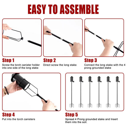 Assembly instructions for Outdoor Metal Torch Set Six Pack, 16oz Citronella Torches With Five Prong Grounded Stakes.