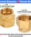 Three Quarter Inch GHT To One Inch NPT Double Female Brass Garden Hose Swivel Adapter With Gasket No Leak Water Pipe Fittings For Outdoor Use Heavy Duty Durable Brass Construction Easy Install, brass adapter shown with 3/4 GHT and 1 NPT female threads