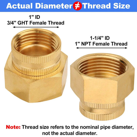 Three Quarter Inch GHT To One Inch NPT Double Female Brass Garden Hose Swivel Adapter With Gasket No Leak Water Pipe Fittings For Outdoor Use Heavy Duty Durable Brass Construction Easy Install, brass adapter shown with 3/4 GHT and 1 NPT female threads