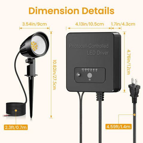 Dimensions of Low Voltage Landscape Lighting Kit With 100W Transformer, 12W LED Garden Lights, 65 Ft UL Listed Wire details