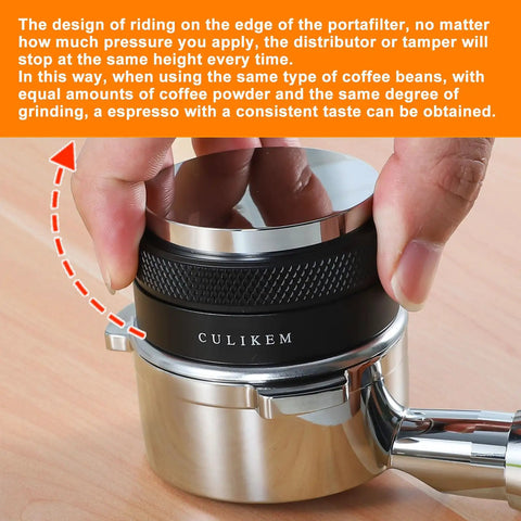 Hands using Dual Head Espresso Distributor And Tamper For 53mm And 54mm Portafilters on espresso machine
