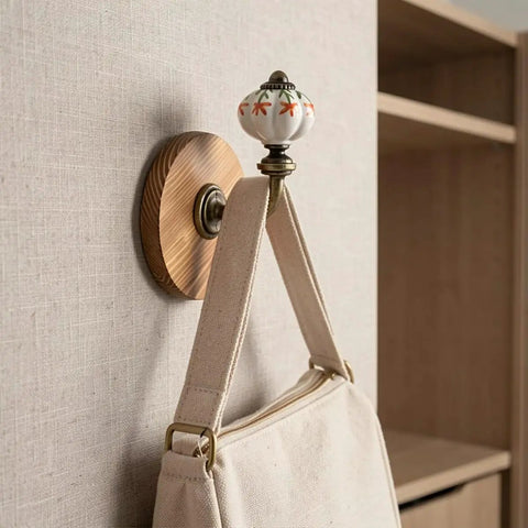 Old School Cool Antique Ceramic Wall Hooks With Rock Solid Wood Base Showstopper Entryway Coat Rack Pair Handpainted Heavy Duty Closet Hanging Organizer For Mudroom And Hallway, displaying handbag on a painted porcelain hook.