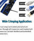 All In One Pass Through Ethernet Crimp Tool For CAT7 CAT6A CAT6 CAT5E CAT5 With RJ45 RJ11 RJ12 Compatibility shown crafting cables