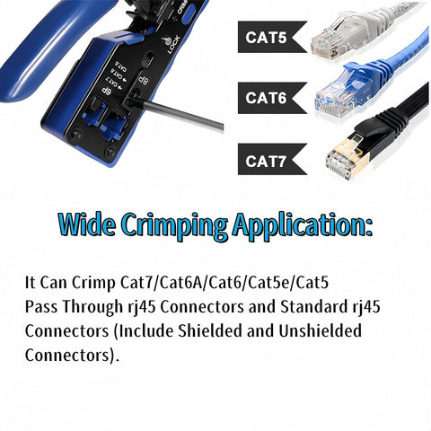 All In One Pass Through Ethernet Crimp Tool For CAT7 CAT6A CAT6 CAT5E CAT5 With RJ45 RJ11 RJ12 Compatibility shown crafting cables