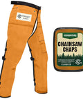 Orange 37 Inch Apron Style Chainsaw Chaps For Men And Women With Pocket And Adjustable Waist Built For Pro Grade Chainsaw Safety Gear And Leg Protection On The Job displayed beside packaging.