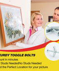 Couple using Heavy Duty One Quarter Inch Drywall Anchors and Screws Kit With 20 Toggle Bolts to hang a framed picture on a wall.