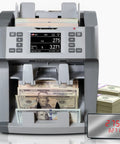 Boss Level Bank Grade Money Counter For Mixed Denominations With Printer Enabled Fast And Secure Counterfeit Detection Using UV MG IR IT Multi Sensor Two CIS Ideal For Cash Handling And US Tech Support, displaying front view with counting interface and currency notes.