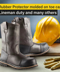 Rugged Oilfield Welder Boots With Composite Toe, Waterproof Leather Construction, alongside safety gear and gloves