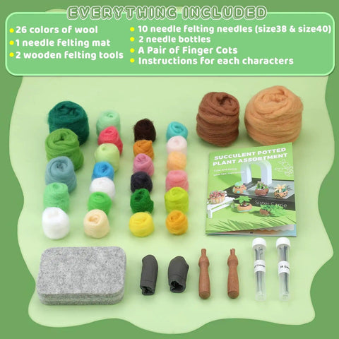 Beginner Needle Felting Kit With Succulent Designs, 15 Piece Set Including Wool Roving, Foam Mat, Felting Needles And Wooden Handle
