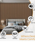 4 Pack Sleek Wood Slat Wall Panels For Modern Living Space Upgrade Featuring 3D Fluted Acoustic Soundproofing In Gorgeous Walnut Tones Quick Screw Or Glue Application For Instant Room Vibe Glow Up in a bedroom setting.