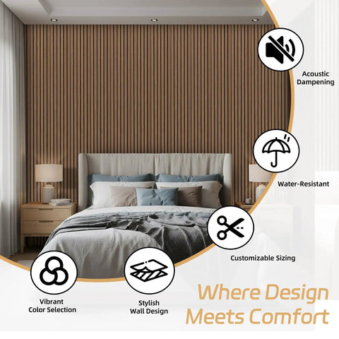 4 Pack Sleek Wood Slat Wall Panels For Modern Living Space Upgrade Featuring 3D Fluted Acoustic Soundproofing In Gorgeous Walnut Tones Quick Screw Or Glue Application For Instant Room Vibe Glow Up in a bedroom setting.