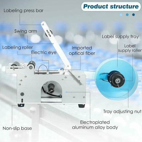 Plug And Play Semi Automatic Round Bottle Labeler With Tight Grip Adjustment Handles 15 To 150Mm Bottles detailed structure with labeling press bar and swing arm.
