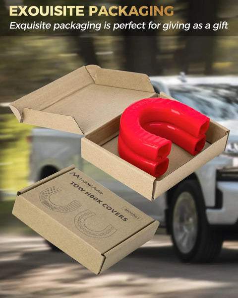 Red tow hook covers for Chevy Silverado 1500 2007 to 2025 custom front accessories in open cardboard packaging, seamless look.