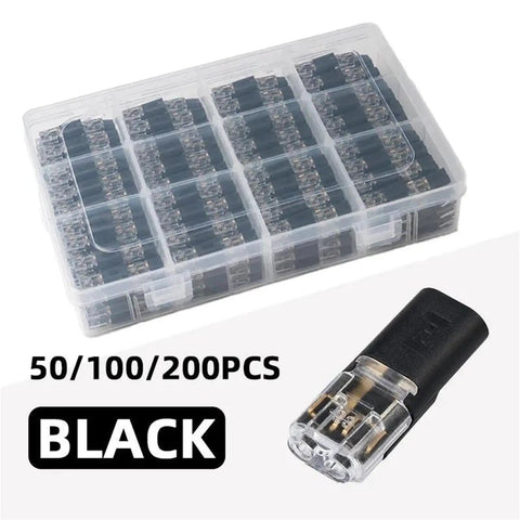 Beefy Heavy Duty No Strip Wire Splice Connectors 2 Pin Quick Snap Ground Terminals in a clear storage case, pack of 50.
