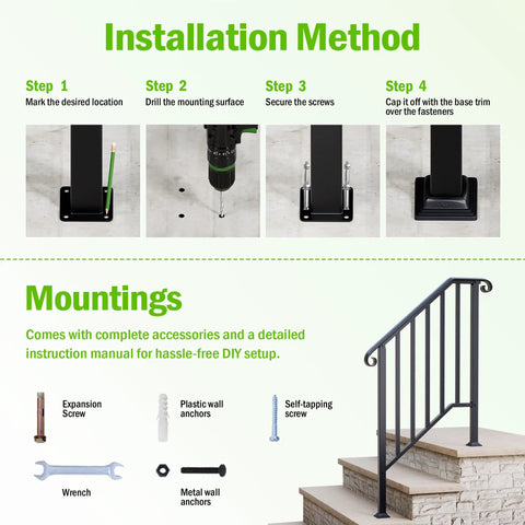 Installation steps for Hella Secure 2 Pack Outdoor Stair Handrails For 2 To 3 Steps Rock Solid Galvanized Metal Porch Railing.