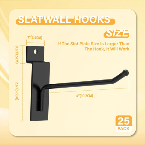 Heavy Duty Black Slatwall Hooks Set, 4 Inch, 25 Pack, Stainless Steel Slatwall Display Hooks for retail with measurements