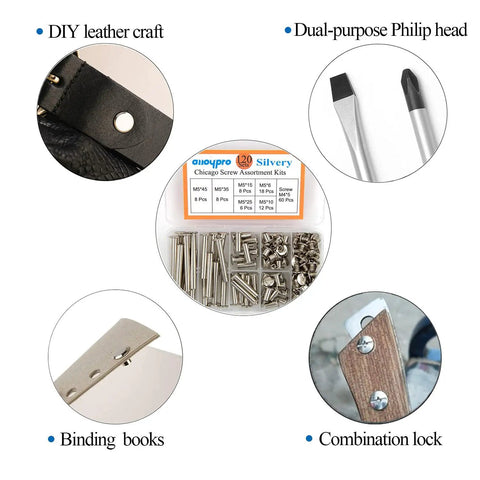 Tough As Nails M5 Chicago Screws 60 Pair Assorted Binding Posts With Phillips Drive And Premium Silver Coating in kit for crafts.