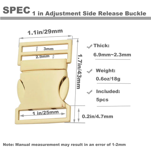 Built Tough 25mm Side Release Buckle Set 5 Pack Metal Quick Release Buckles For Paracord Bracelets Dog Collars Light Gold
