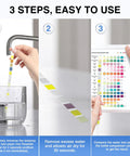 16 In 1 Home Water Test Strips Kit For Tap And Well Water Detect Lead Iron Manganese Nitrate Nitrite Chlorine Fluoride Mercury Copper Zinc PH Hardness Alkalinity Bromine Sulfate Sulfite And More Super Easy To Use For Quick At Home Water Quality Check showing usage steps