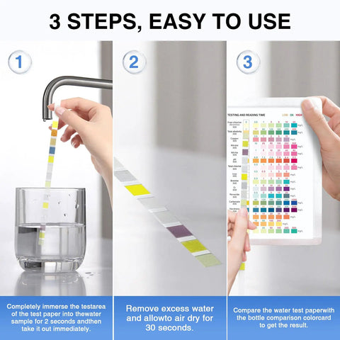 16 In 1 Home Water Test Strips Kit For Tap And Well Water Detect Lead Iron Manganese Nitrate Nitrite Chlorine Fluoride Mercury Copper Zinc PH Hardness Alkalinity Bromine Sulfate Sulfite And More Super Easy To Use For Quick At Home Water Quality Check showing usage steps