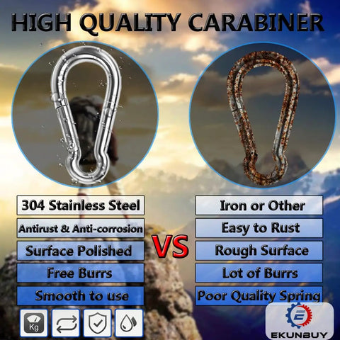 Comparison of Heavy Duty 304 Stainless Steel Spring Snap Hooks with rust-prone iron alternative, highlighting durability and quality.