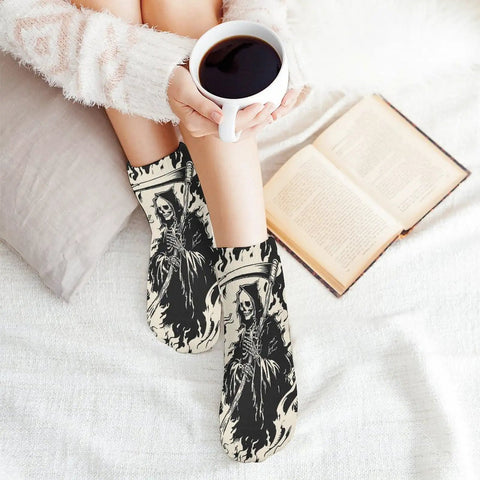 Scythe Themed Dope Ankle Socks For Men And Women Breathable Athletic Low Cut Socks With Durable Print being worn, cozy setting