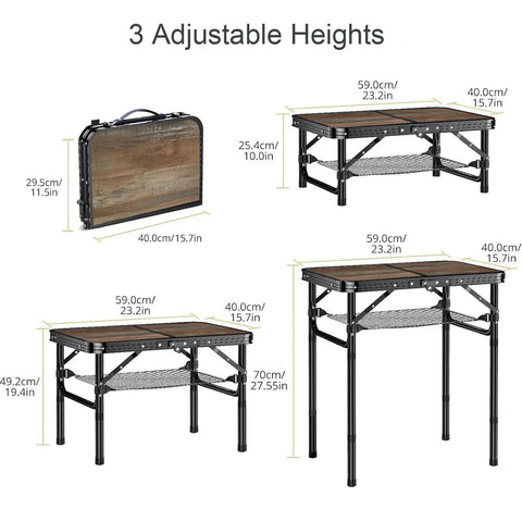 Foldable Picnic Table With Adjustable Heights Portable Camping Table Made Of Aluminum And Metal Lightweight Outdoor Card Table With Carry Handle For Beach BBQ Camping And Indoor Use showing dimensions