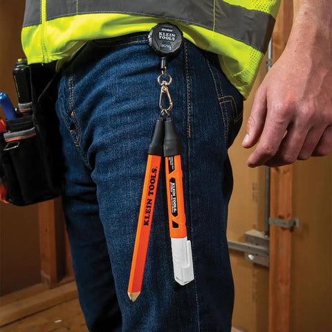 Retractable Marker Holder With Four Foot Cord For Skribes Paint Markers Fits Ultra Fine Fine And Chisel Tip Permanent Markers Keeps Pencils And Markers Handy On The Job attached to worker's belt