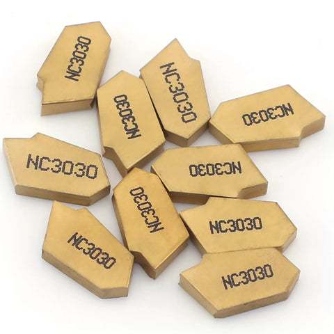 Close-up of 10 GTN3 NC3030 carbide inserts part of 11 Piece Lathe Grooving Cutting Tools Kit With SPB326 Parting Cut Off Bars