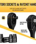 3/8 Inch Drive Impact Socket Set With 59-Piece SAE And Metric Sockets detail showing E-Torx sockets and ratchet handle features