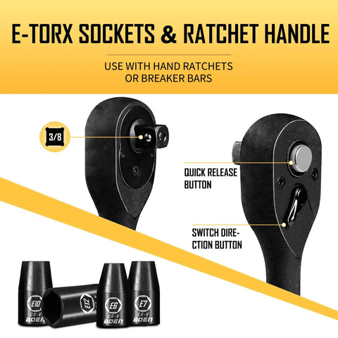 3/8 Inch Drive Impact Socket Set With 59-Piece SAE And Metric Sockets detail showing E-Torx sockets and ratchet handle features