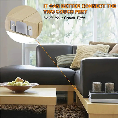 Forty Piece Stainless Steel Sectional Couch Connectors With Screws, Tough As Nails interlock brackets securing couch feet.
