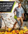 Man using UltraStorm Cordless Leaf Blower With Dual 20V Batteries for lawn cleanup in autumn