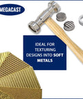 Heavy Duty Texturing Hammer With 9 Interchangeable Heads Dual Sided Steel Head And Polished Wood Handle For Woodworking And Metalworking Durable Craft Tool For Fine Texture And Smooth Finishes with textured metal sheets display.