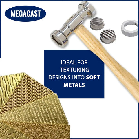 Heavy Duty Texturing Hammer With 9 Interchangeable Heads Dual Sided Steel Head And Polished Wood Handle For Woodworking And Metalworking Durable Craft Tool For Fine Texture And Smooth Finishes with textured metal sheets display.