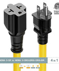 Heavy Duty Three Foot Nema 5 15P To 5 15R 5 20R 6 15R 6 20R AC Adapter Four In One Voltage Converter Cord with colored cable.