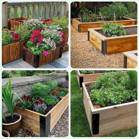 Heavy Duty L Shaped Corner Brackets For Raised Garden Beds 8 Piece Set Rust Proof Carbon Steel used in planter boxes with flowers.