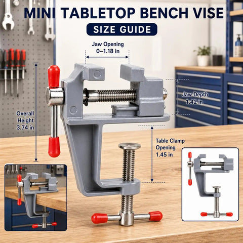 Multi Functional Bench Vise With High Carbon Steel Build Mini Adjustable Clamp for DIY Projects Jewelry Electronics Craft Woodworking And More Handy Hand Tool with size guide displayed on workbench.
