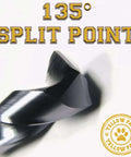 Drill bit, 1/2 in cobalt with TiAlN coating, 135° split point; close-up of tip with Yellow Paw logo.