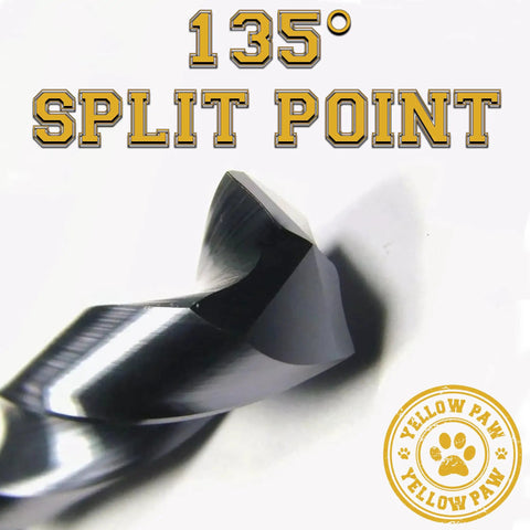 Close-up of the 135° split point on Five-Eighths Inch Metal Drill Bit Industrial Grade M35 Cobalt Titanium Aluminum Nitride Coated