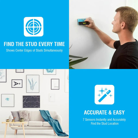 ProSensor Sapphire 7500 7-Sensor Stud Finder and Wall Scanner for Precise Stud Location Up to 1.5 Inches Deep, LED Tracking, DIY Pro-Grade Home Improvement Tool Built for Speed, Deep Detection With LED Center Indicators for Fast, Accurate Mounting of, man using stud finder on white wall in home interior