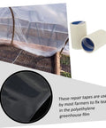 Two Rolls Tent Repair Tape UV Protected Seaming Tape Greenhouse Quick Fix Solution DIY Friendly Canopy Repair Tape Irregular Surfaces Self Priming Sealant Long Lasting Durable Repair Tape shown with greenhouse application.