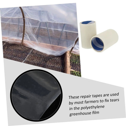 Two Rolls Tent Repair Tape UV Protected Seaming Tape Greenhouse Quick Fix Solution DIY Friendly Canopy Repair Tape Irregular Surfaces Self Priming Sealant Long Lasting Durable Repair Tape shown with greenhouse application.