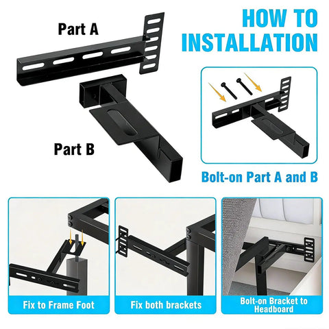 Installation guide for Heavy Duty Adjustable Headboard Brackets For Bed Frame Universal Wall Mount Hardware With Footboard Extension.