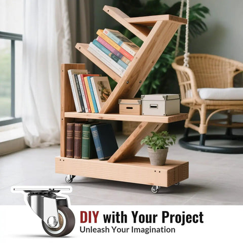 Heavy Duty 1 Inch Low Profile Caster Wheels For Household Furniture Set Of 4 Featuring Smooth As Silk Glide Action And No Sweat Snap Tight Mount Plates For Couches Shelves And Plant Risers on a stylish wood bookshelf.