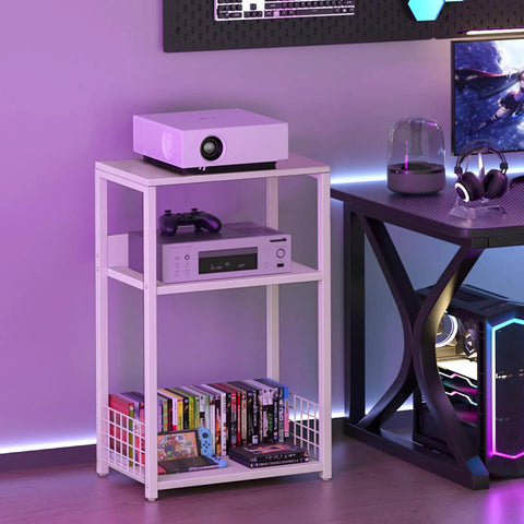 Large White Record Player Stand With 3 Tier 18 Inch Wide End Table For Vinyl Storage Up To 130 Albums Sturdy Industrial Style Turntable Table And Modern Side Table For Living Room Bedroom Or Office with projector and game console