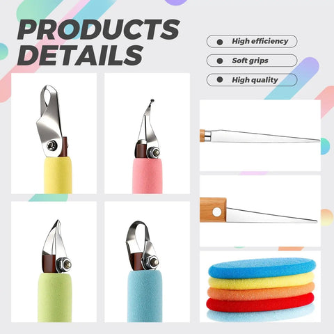 Close-up of 4 Piece Pottery Carving Tool Set With 5.9 Inch Wooden Handles Pro Grade Scrapers and colorful sponges on display